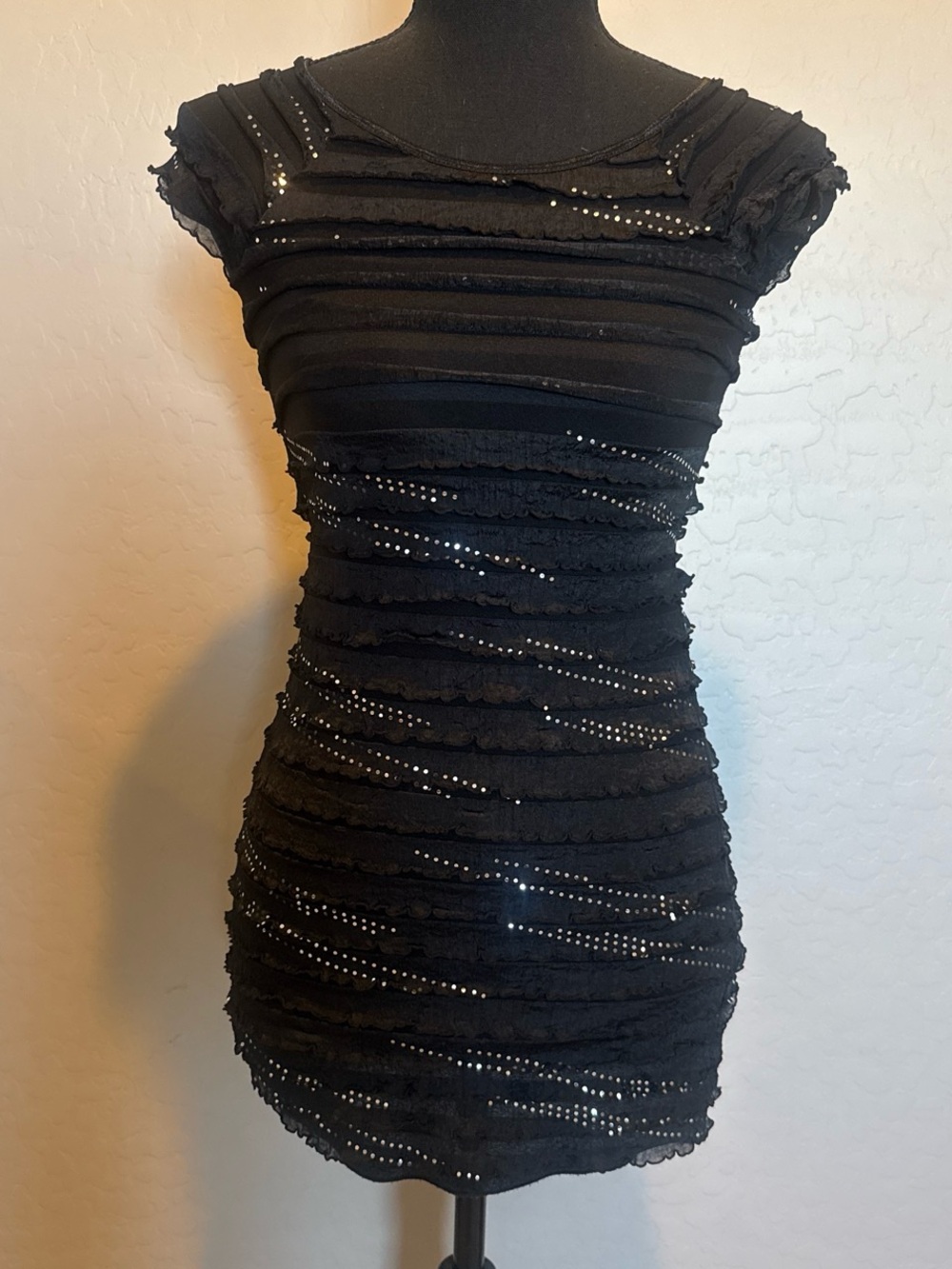 Black Embellished Ruffle Bodycon Top